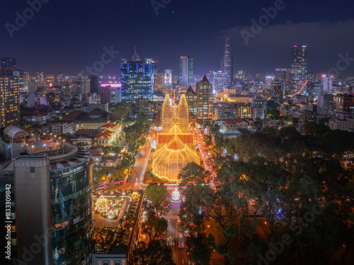 Aerial view of Notre Dame Cathedral or Duc Ba church, special worship place in central of Ho Chi Minh city. Before Christmas Day in Vietnam.