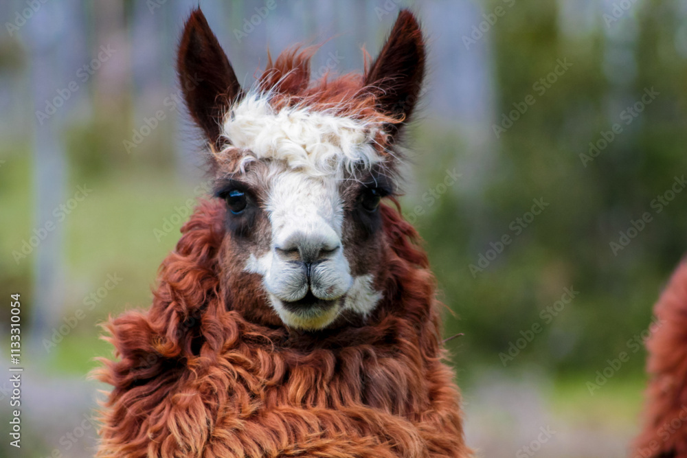 Fototapeta premium Alpaca and llama animal herds in Andes mountain pasture, Peru. Cute fluffy alpaca with nice colorful decoration in ears. Herd of llamas on a green meadow