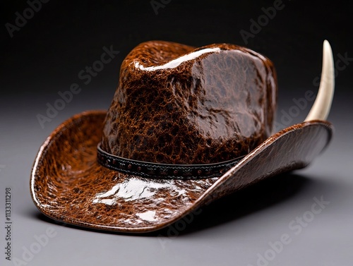 A brown cowboy hat with a long horn on a gray background photo