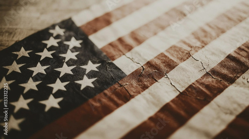 Close-up of a vintage American flag with stars and stripes, symbolizing patriotism and history.