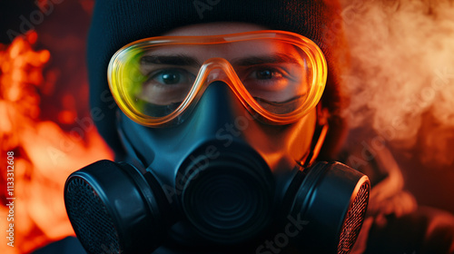 Close-up of person in protective gas mask, surrounded by smoke and fire. photo