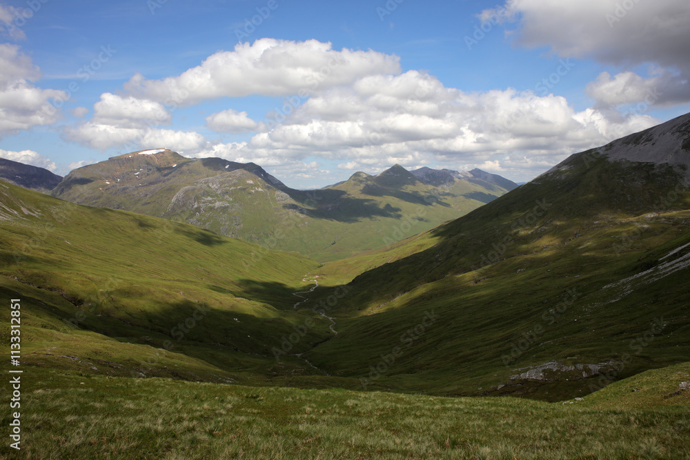 Fototapeta premium Ascent path to Binnein Mor and Na Gruagaichean - View towards Glen Nevis and water of Nevis valley - Mamores - Highlands - Scotland - UK