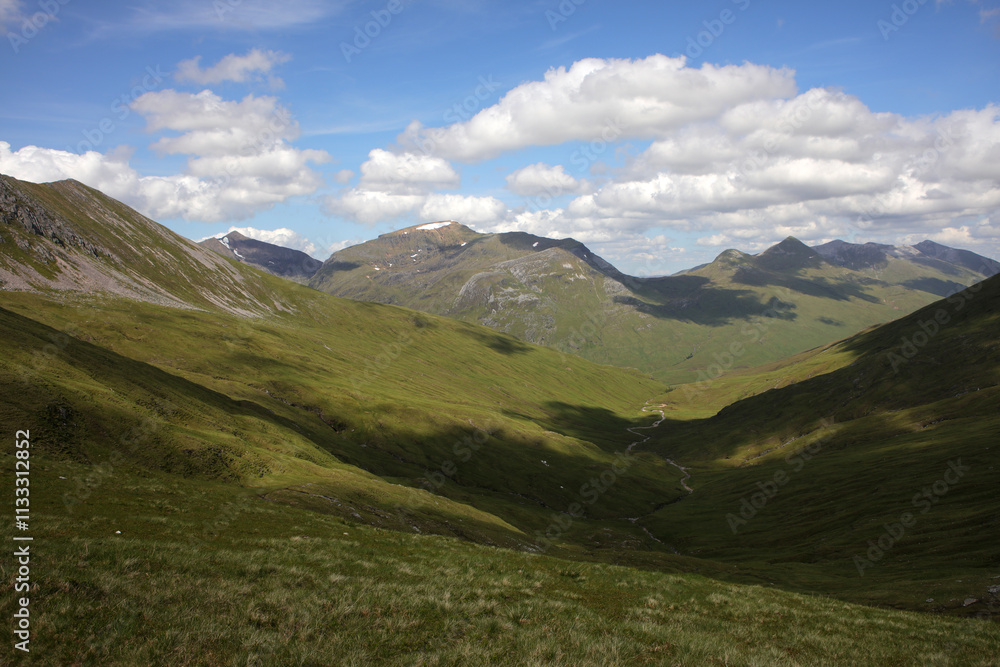 Fototapeta premium Ascent path to Binnein Mor and Na Gruagaichean - View towards Glen Nevis and water of Nevis valley - Mamores - Highlands - Scotland - UK