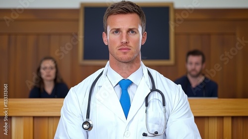 Doctor with stethoscope stands confidently in courtroom, surrounded by medical professionals, symbolizing the intersection of law and healthcare in a contemporary setting