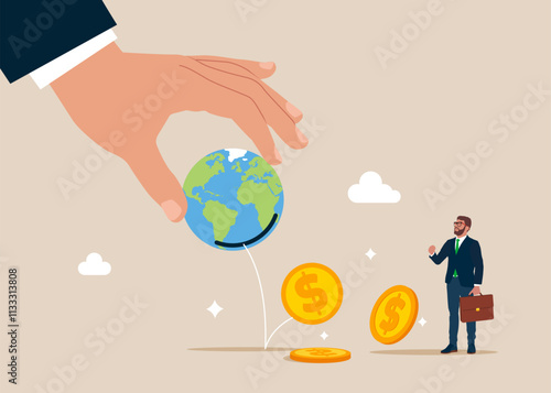 Hand taking money out of globe. Bankruptcy, investment decrease, budget deficit. Modern flat vector illustration