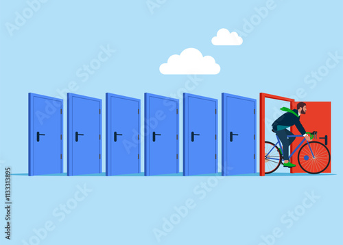 Businessman on a bicycle works six days in week, a workaholic without holidays. For entrance, home, exit, challenge, opportunity concept. Modern vector illustration in flat style