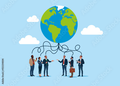 Business people think global business. Global business expansion, open company branches, franchise in new location to cover all continent, growing business worldwide. Flat vector illustration