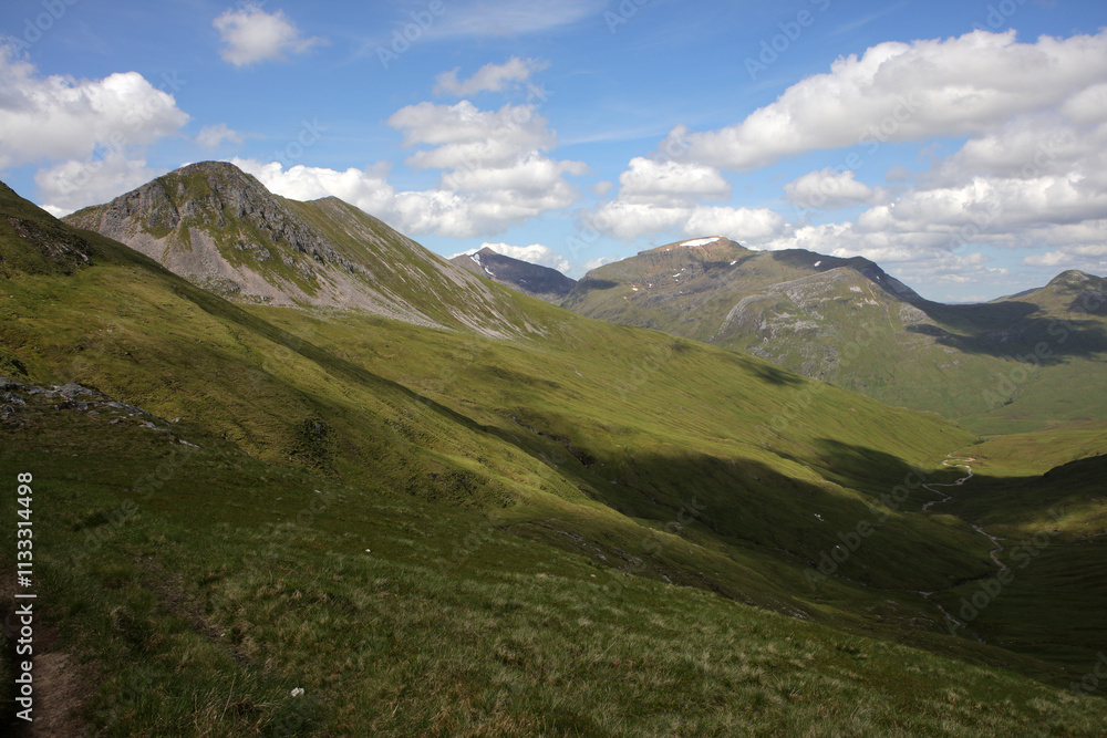 Fototapeta premium Ascent path to Binnein Mor and Na Gruagaichean - View towards Glen Nevis and water of Nevis valley - Mamores - Highlands - Scotland - UK