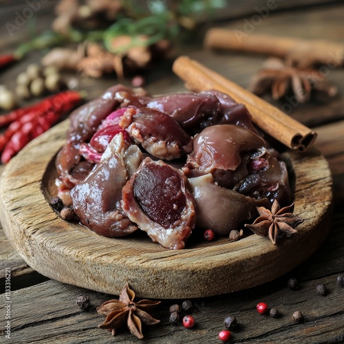Fresh duck innards: heart, liver, stomach. Spices: cinnamon, star anise, clove, chili. Wooden backdrop.