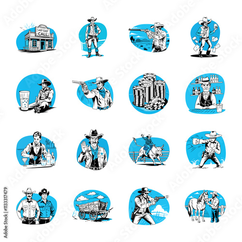 Set of Vintage Style Western Cowboy Illustrations 
