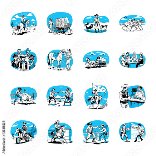 Set of Vintage Style Cowboy Town Illustrations 

