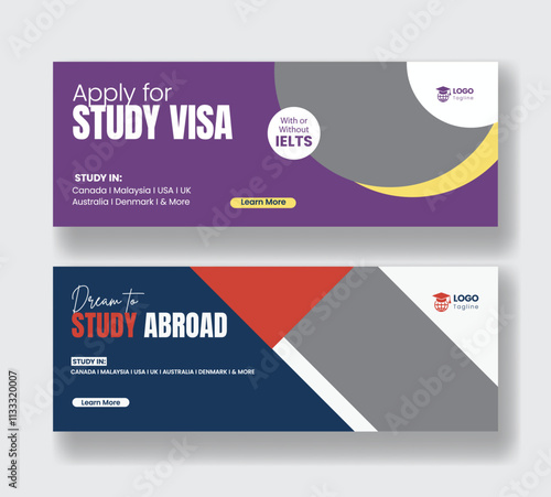 online learning course or education editable horizontal web banner template Study abroad social media banner, ads, covers, header template design