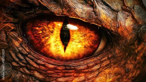 Dragon eye closeup with narrow vertical pupil. Scary creature looks at camera close up. Piercing look of monster. Frightening reptile sight. Monster from fairy tale. Fairytale fantasy story.