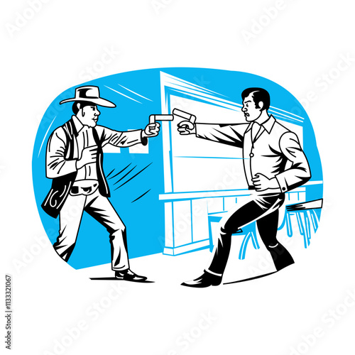 Pistol duel of two characters, vintage illustration