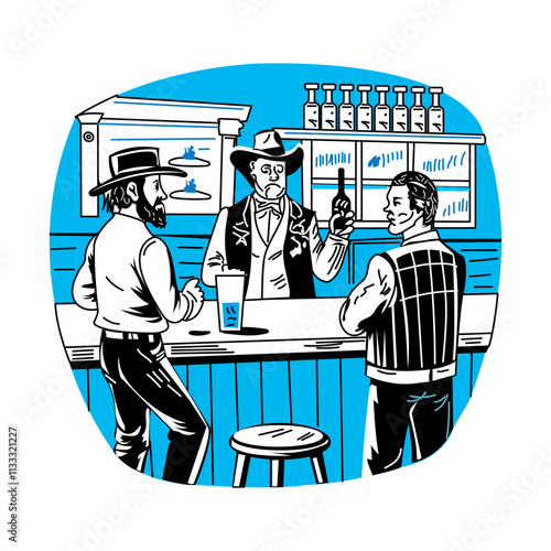 A vintage illustration of people standing in western saloon bar