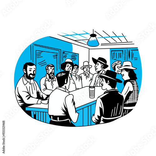 A vintage illustration of people in western saloon