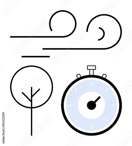 Stopwatch minimalist tree and swirling wind lines. Ideal for concepts of time, seasons, nature, change, simplicity, motion, and minimalism. Line metaphor