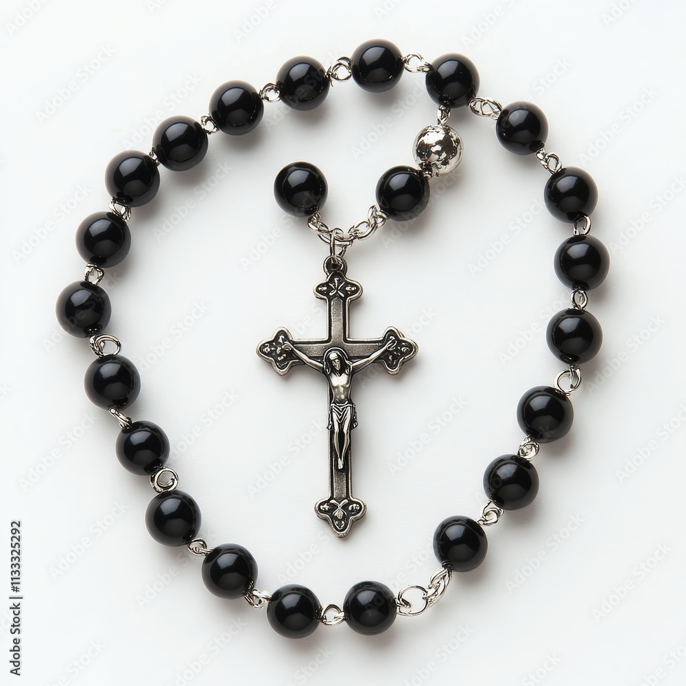 Obraz premium A black rosary with a silver crucifix, symbolizing faith and devotion in prayer.