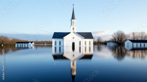 Church spires standing alone in a waterlogged landscape, hurricane aftermath, cultural landmarks photo