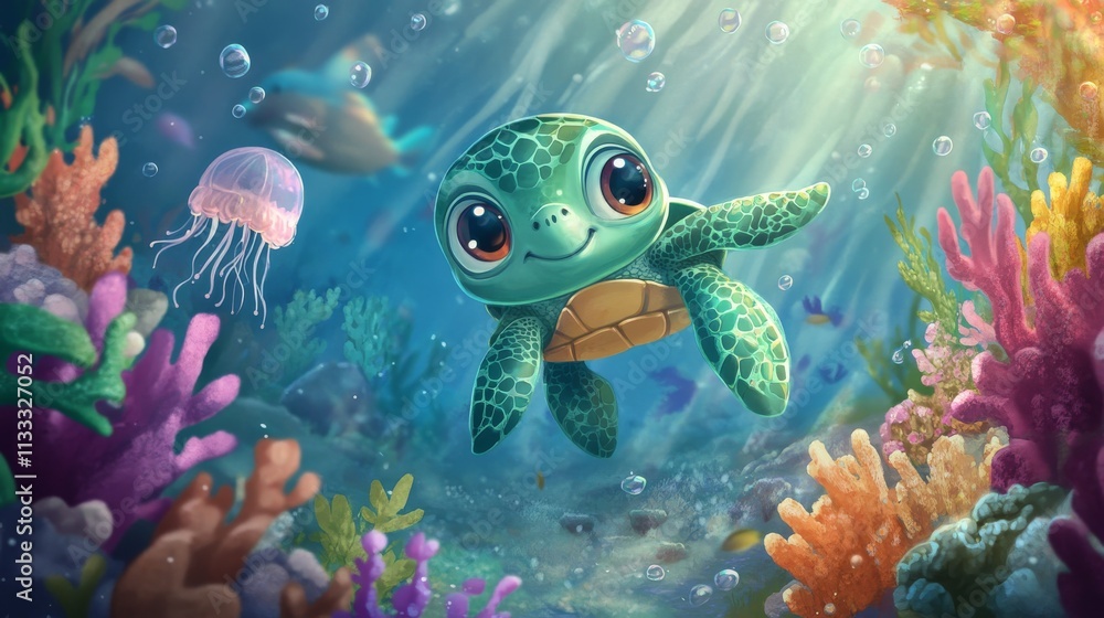 Fototapeta premium A charming baby sea turtle swims happily through a bright and colorful underwater coral reef, surrounded by marine life and illuminated by rays of sunlight.. AI Generation