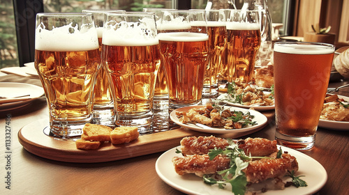 Tray of Canadian beers with frothy heads and appetizers on a wooden table