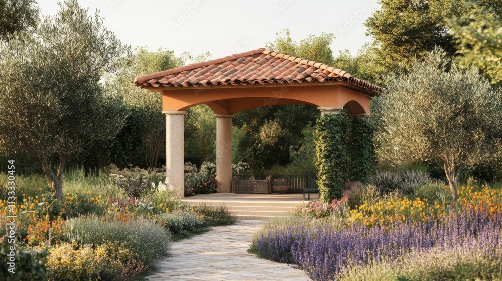 Obraz premium A Stone Pathway Leads to a Covered Patio in a Lush Garden