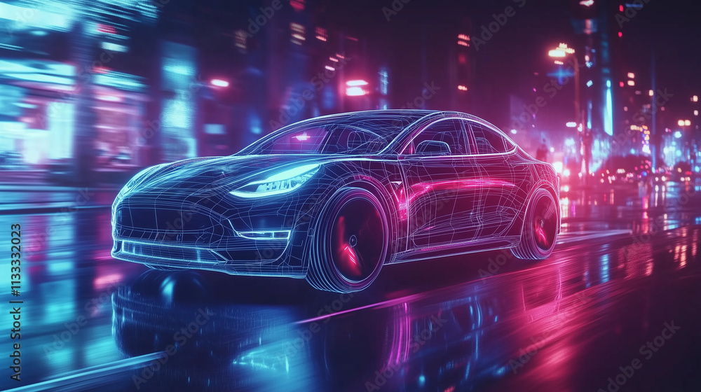 Fototapeta premium Futuristic Electric Vehicle in Motion with Neon Lights, Wire-Frame Hologram, and City Street at Night