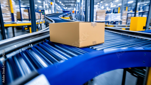 Cardboard box moves along an automated conveyor belt in a modern distribution warehouse.