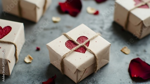 eco-friendly valentines decor, simple valentines day setup with small boxes wrapped in craft paper, tied with hemp strings, eco-friendly heart stamps, and dried petals photo