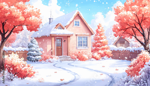  A picturesque snow-covered cottage nestled in a winter landscape, surrounded by trees and a calm blue sky, showcasing the peacefulness of the season.
