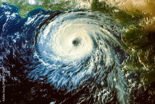 Powerful hurricane swirling over the ocean near coastline