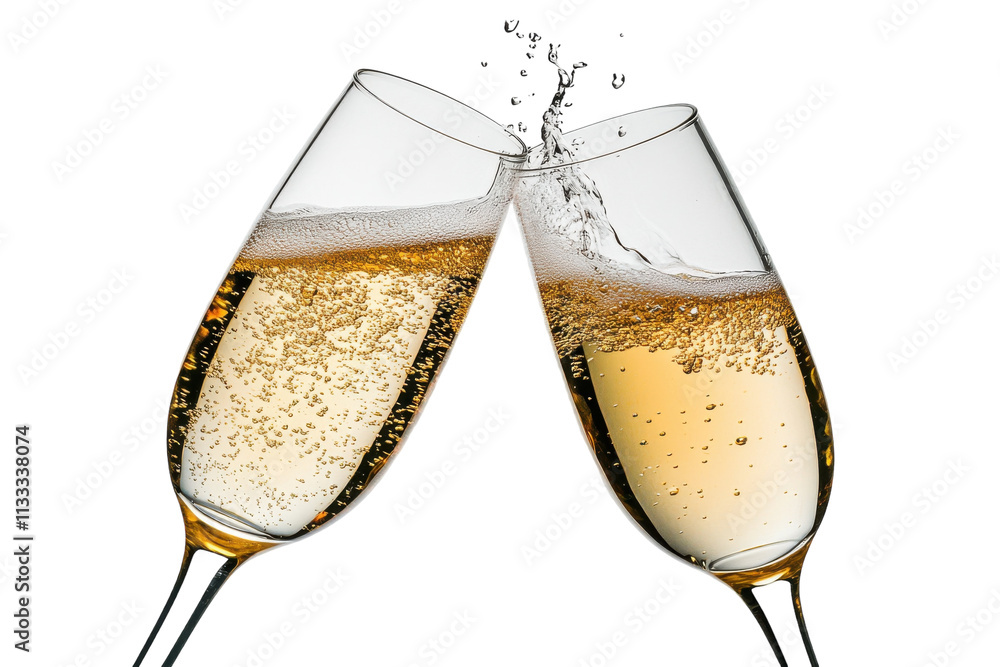 Toasting Champagne Glasses with Bubbly Sparkling Wine with isolated on transparent background