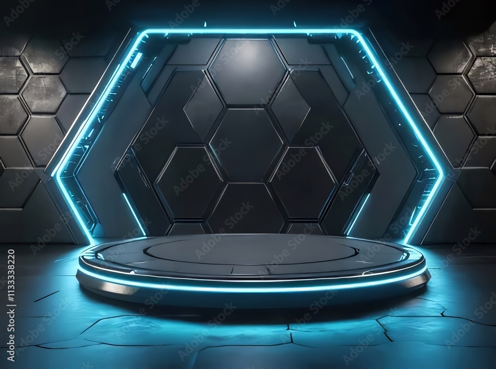 Futuristic blue neon hexagon platform. Futuristic blue neon hexagon platform.