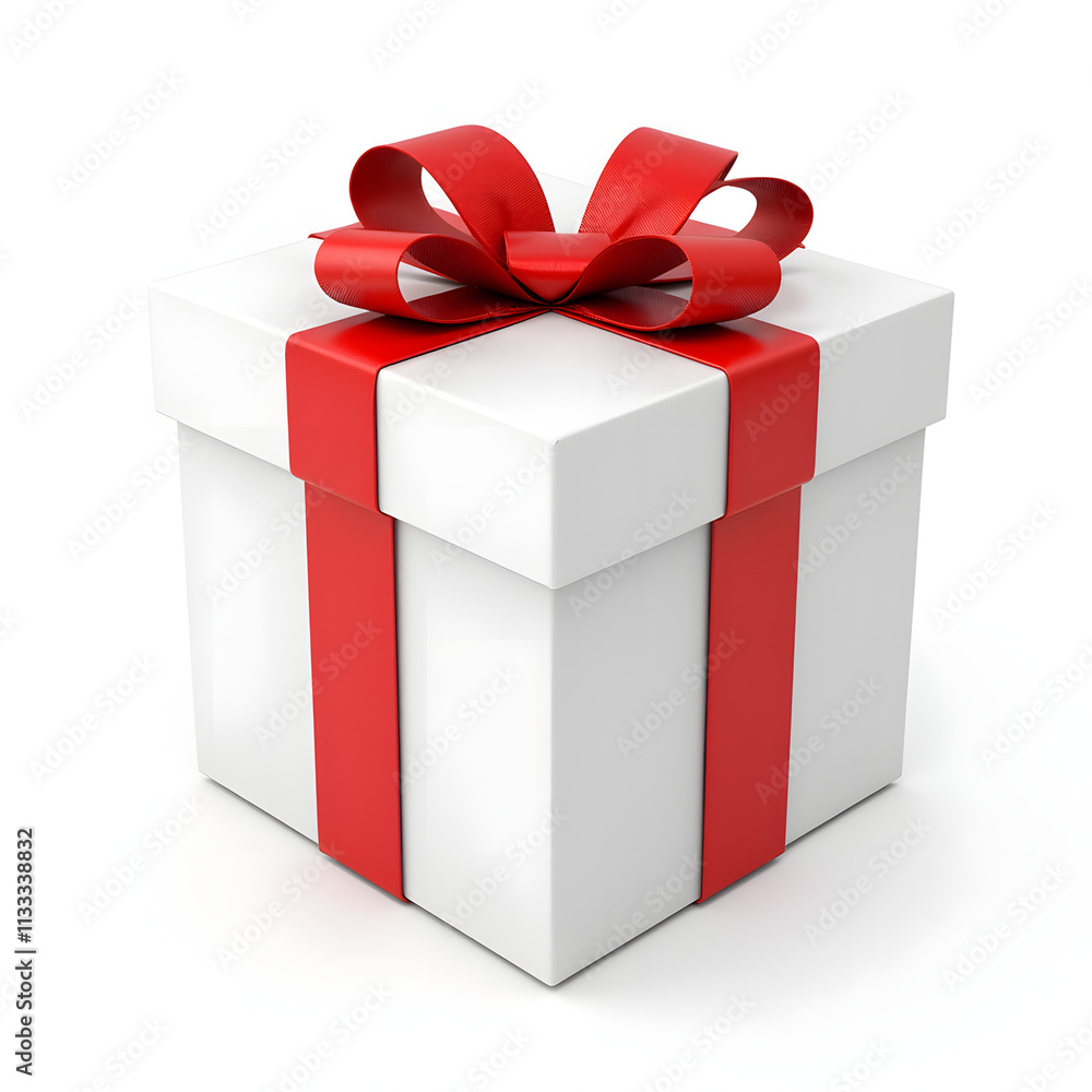 Fototapeta premium White gift box with red ribbon bow, isolated on white 
