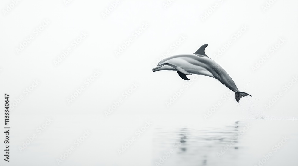 Obraz premium A striped dolphin leaps from the ocean in a monochrome image against a white background.