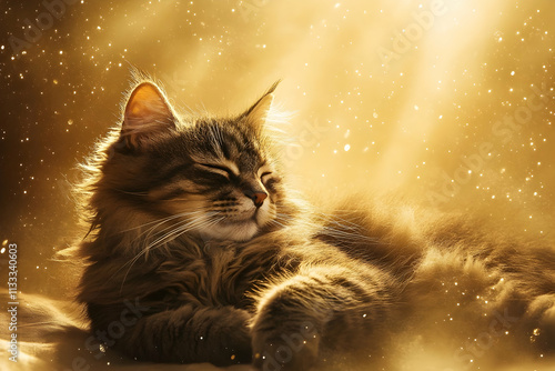 A fluffy cat basks in soft golden light, embodying tranquility and warmth in a serene ambiance