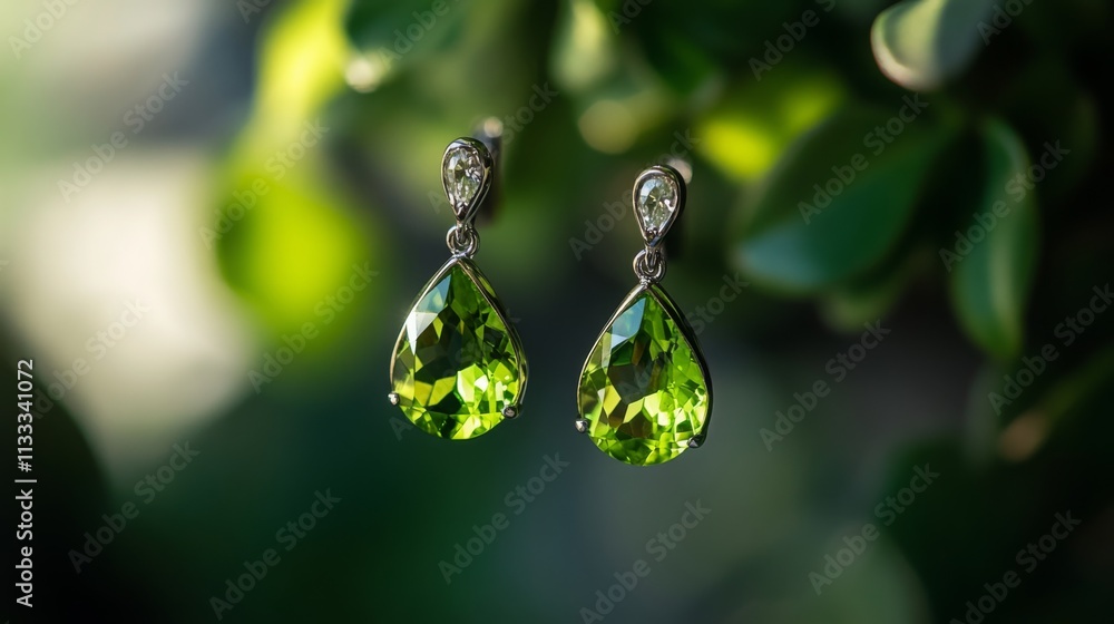Fototapeta premium Elegant green gemstone earrings hang delicately among vibrant leaves, showcasing their sparkle and intricate design. Sunlight enhances their stunning color, creating a captivating visual contrast.