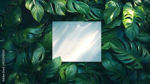 A realistic closeup photograph of a blank white A3sized poster nestled among vibrant lush green tropical leaves including Monstera and Calathea The poster is plain photo