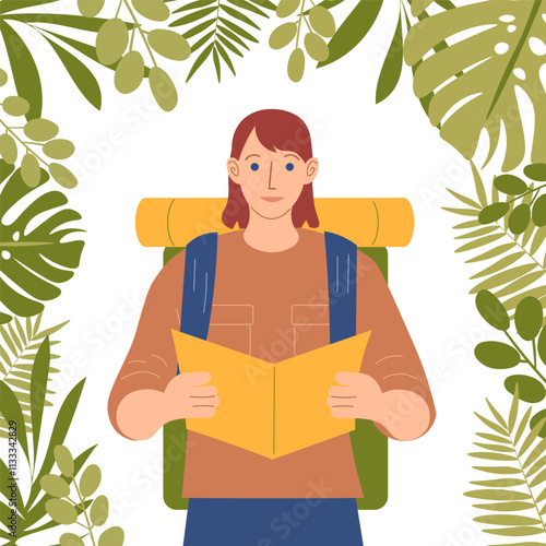a man with a backpack goes hiking. research and study of nature. vector. concept of ecotourism