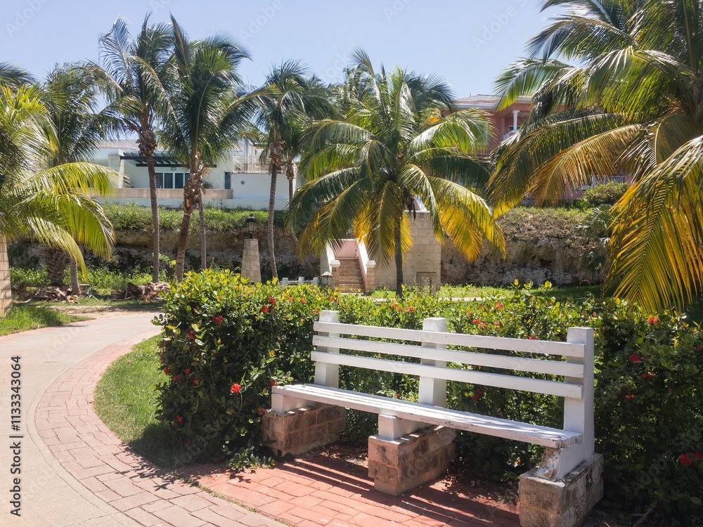 White bench in unrecognizable paradise resort, Varadero, Cuba