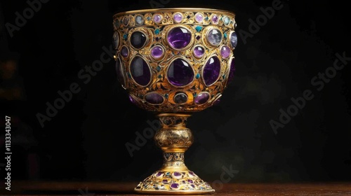 A beautifully crafted goblet holds an array of vibrant gemstones set in gold, catching the light elegantly. photo