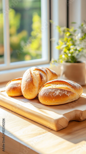 Freshly baked bread rolls on a wooden board by the window in warm morning light. photo