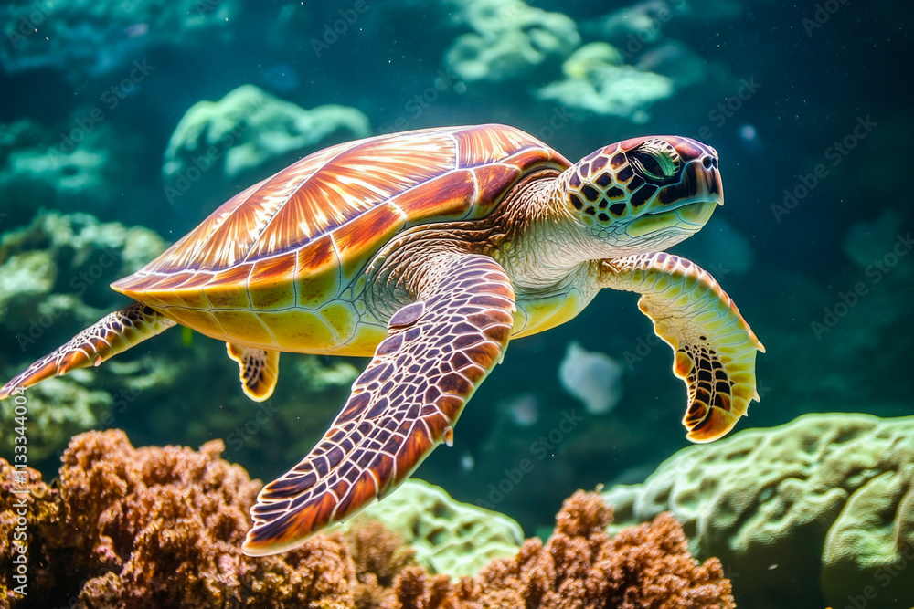 Obraz premium Graceful sea turtle swimming in vibrant coral reef