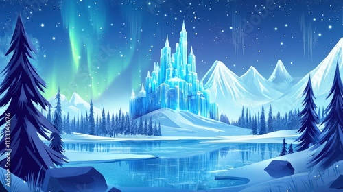 Enchanting ice castle on snowy landscape under aurora borealis.