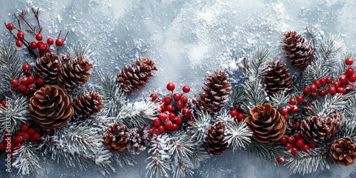 Winter-themed arrangement of frosted pinecones, red berries, and snowy evergreen branches evokes holiday charm and seasonal beauty.