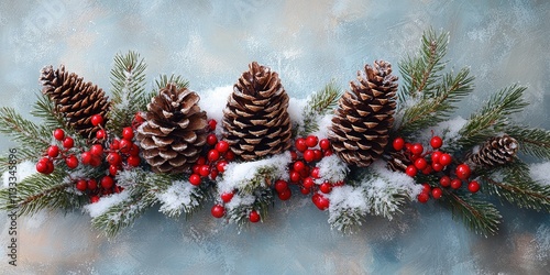 Festive decoration of pinecones, red berries, and evergreen branches dusted with snow creates cheerful holiday centerpiece.