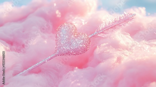 Detailed 3D render of sparkling hearttipped arrow on cotton candy bed photo