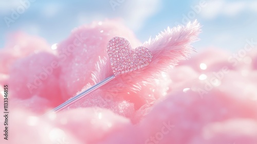 Detailed 3D render of sparkling hearttipped arrow on cotton candy bed photo