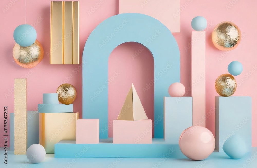 Pastel geometric shapes and spheres on pink background. Pastel geometric shapes and spheres on pink background.