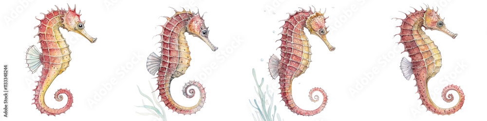 Fototapeta premium Watercolor Seahorse Quartet Four Poses, Isolated on White Background, Sea Life Illustration, Aquatic Animal,Seahorse, Watercolor, Illustration